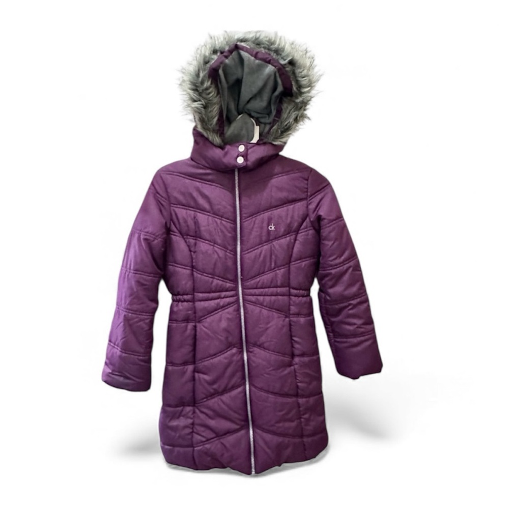 Calvin Klein Girls' Hooded Puffer Jacket purple faux fur trim hood size 12/14